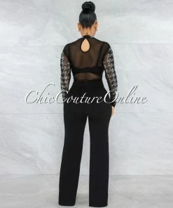 Vendor-unknown Scott Black Houndstooth Rhinestones Mesh Bodysuit