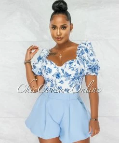 Chic Couture Online Arika White Baby Blue Two-Tone Flutter Romper JUST IN