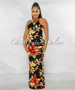 Chic Couture Online Valentina Black Multi-Color Floral Print Racer Maxi Dress
