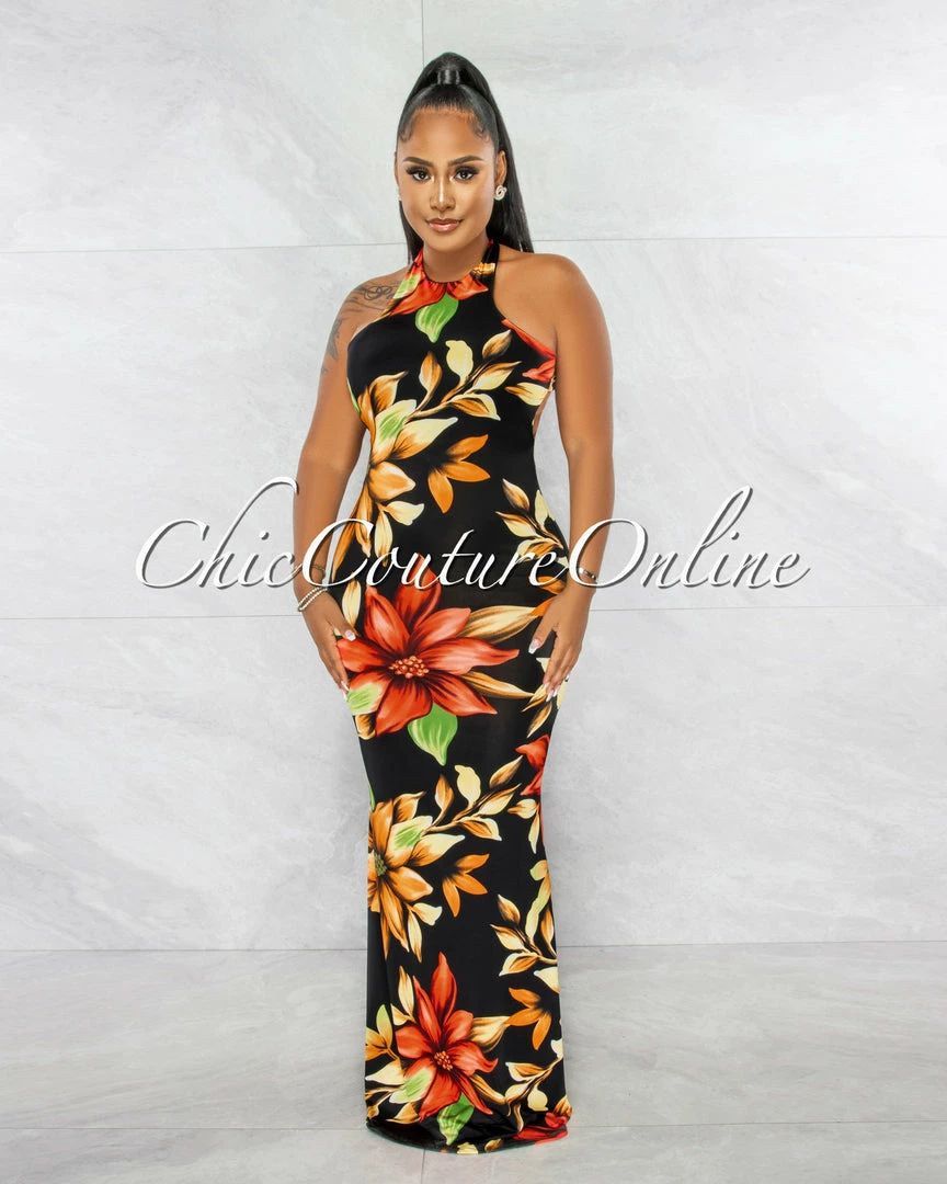 Chic Couture Online Valentina Black Multi-Color Floral Print Racer Maxi Dress