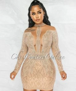 Vendor-unknown Dudley Nude Iridescent Rhinestones Nude Mesh Sheer Dress