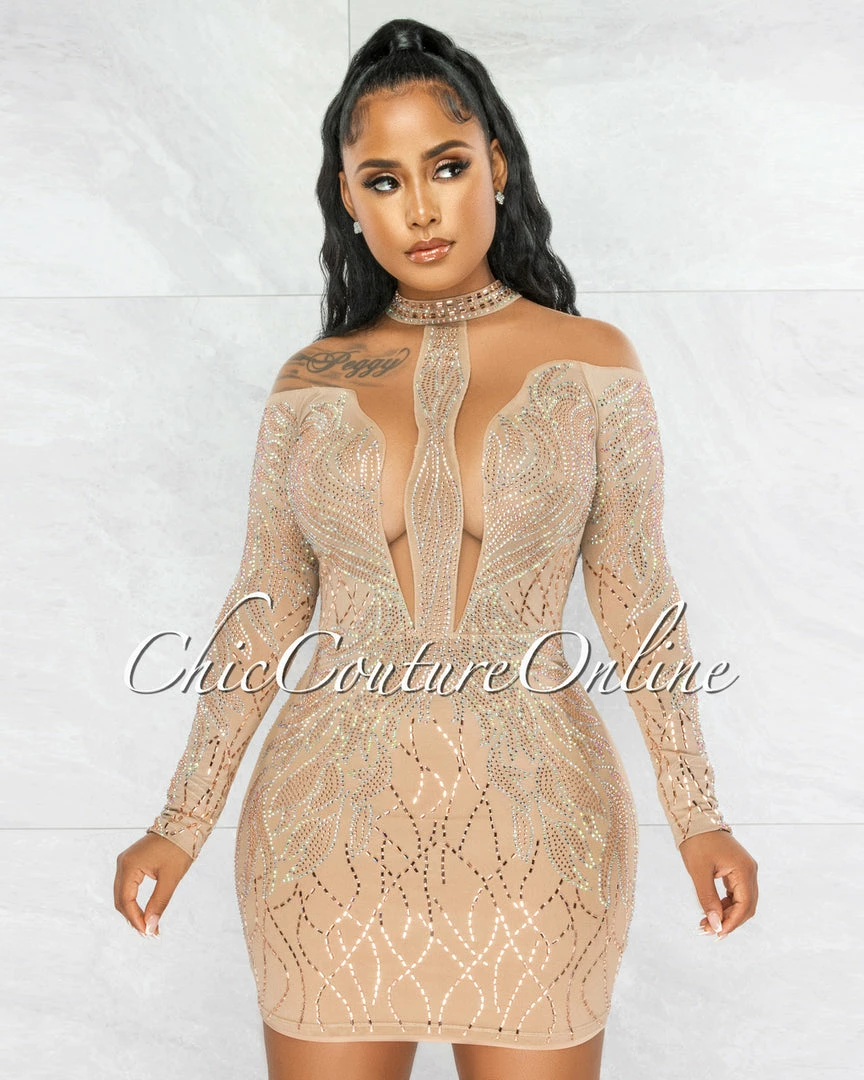 Vendor-unknown Dudley Nude Iridescent Rhinestones Nude Mesh Sheer Dress