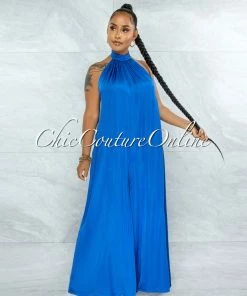 Vendor-unknown JUST IN Memphis Royal Blue Low Back Satin Halter Jumpsuit