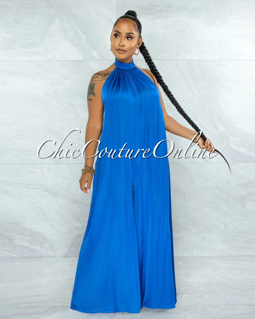 Vendor-unknown JUST IN Memphis Royal Blue Low Back Satin Halter Jumpsuit
