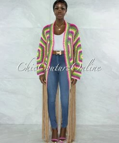 Vendor-unknown Marcina Brown Multi-Color Crochet Fringe Kimono JUST IN