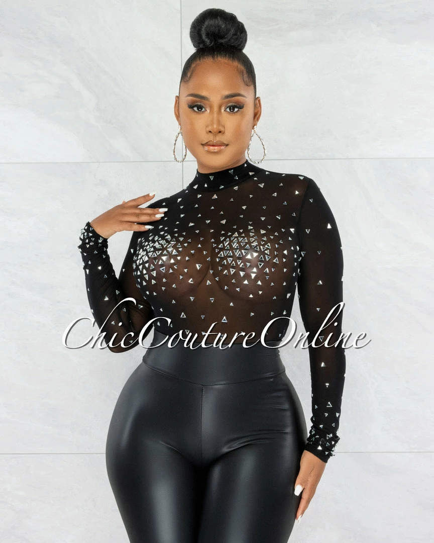 Chic Couture Online Moore Black Silver Mesh Rhinestones Bodysuit JUST IN