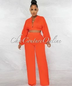 Chic Couture Online JUST IN Paola Red Long Sleeves Crop Top & Wide Pants Set