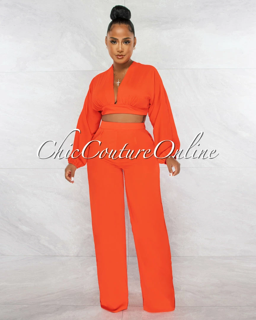 Chic Couture Online JUST IN Paola Red Long Sleeves Crop Top & Wide Pants Set