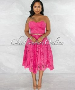 Vendor-unknown Baqir Fuchsia Crochet Nude Gold Belt Midi Dress