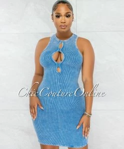 Chic Couture Online JUST IN Sephora Blue Washed Front Key-Hole Ribbed Dress