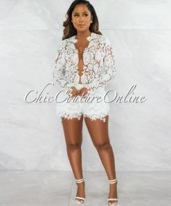 Chic Couture Online Carencia Off-White Crochet Sheer Suit Shorts Set