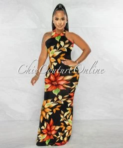 Chic Couture Online Valentina Black Multi-Color Floral Print Racer Maxi Dress