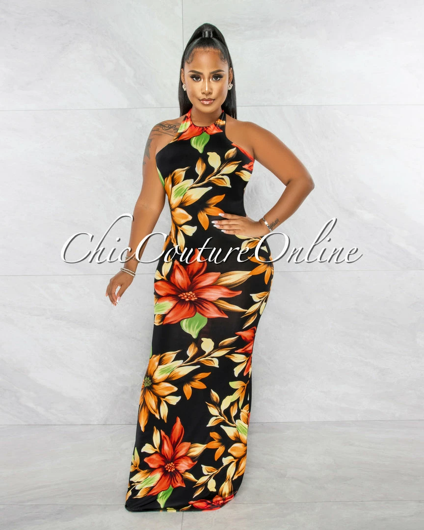 Chic Couture Online Valentina Black Multi-Color Floral Print Racer Maxi Dress