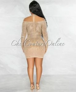 Vendor-unknown Dudley Nude Iridescent Rhinestones Nude Mesh Sheer Dress