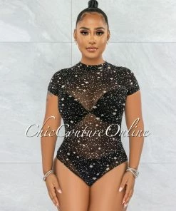 Vendor-unknown Kerta Black Nude Stars Print Sheer Mesh Bodysuit JUST IN