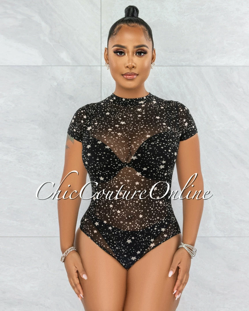 Vendor-unknown Kerta Black Nude Stars Print Sheer Mesh Bodysuit JUST IN