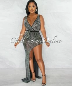 Chic Couture Online Kelby Black Mesh Rhinestones Side Slit Maxi Dress