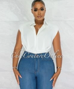Chic Couture Online Velina Off-White Padded Shoulders Buttoned Top
