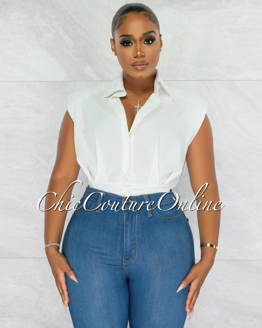 Chic Couture Online Velina Off-White Padded Shoulders Buttoned Top