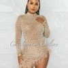 Chic Couture Online JUST IN Rhesa Nude Rhinestones Pearls & Feathers Mesh Mini Dress