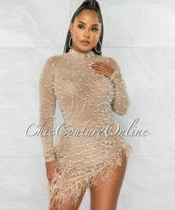 Chic Couture Online JUST IN Rhesa Nude Rhinestones Pearls & Feathers Mesh Mini Dress