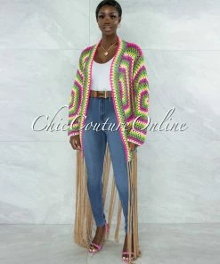 Vendor-unknown Marcina Brown Multi-Color Crochet Fringe Kimono JUST IN