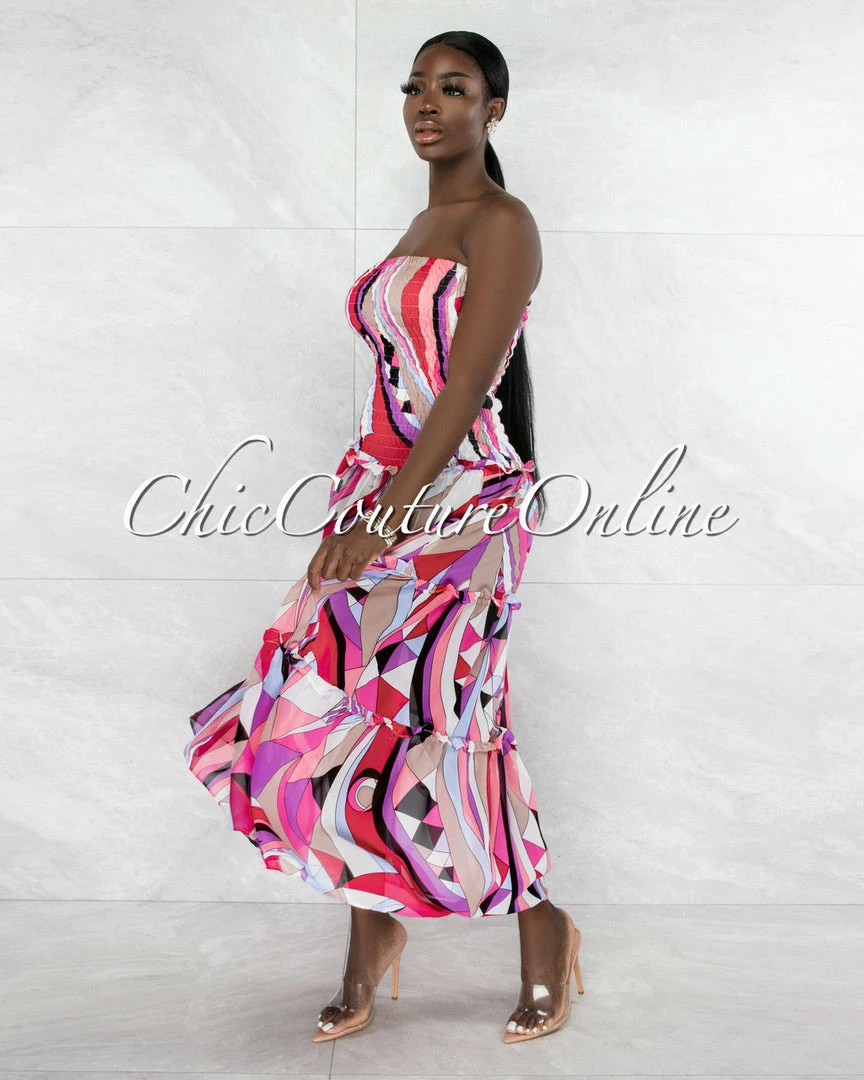 Vendor-unknown Clemons Pink Purple Print Smocked Two Piece Skirt Set