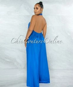 Vendor-unknown JUST IN Memphis Royal Blue Low Back Satin Halter Jumpsuit