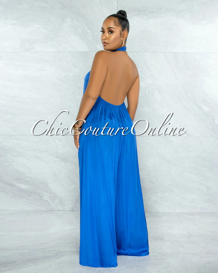 Vendor-unknown JUST IN Memphis Royal Blue Low Back Satin Halter Jumpsuit