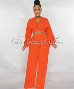 Chic Couture Online JUST IN Paola Red Long Sleeves Crop Top & Wide Pants Set