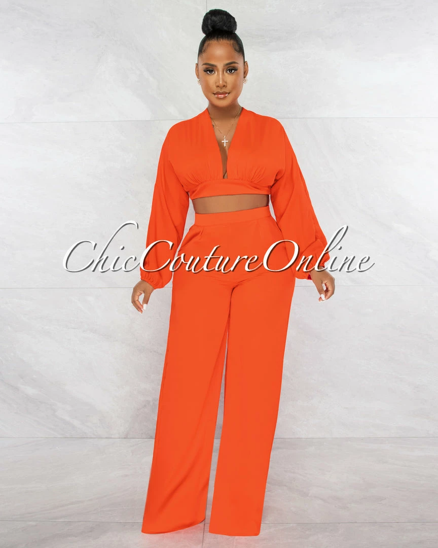 Chic Couture Online JUST IN Paola Red Long Sleeves Crop Top & Wide Pants Set
