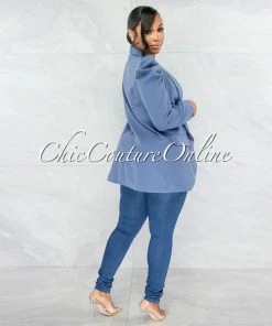 Vendor-unknown Dorcas Steel Blue Bubble Sleeves Boyfriend Long Blazer JUST IN