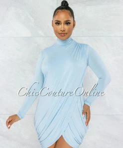 Vendor-unknown Tamira Baby Blue Drape Long Sleeves Dress JUST IN