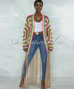 Vendor-unknown Marcina Brown Multi-Color Crochet Fringe Kimono JUST IN