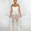 Vendor-unknown Teleria White Embroidery Tulle Bodysuit Maxi Dress