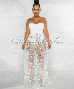 Vendor-unknown Teleria White Embroidery Tulle Bodysuit Maxi Dress