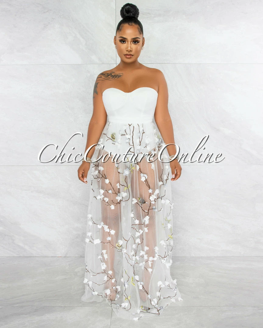 Vendor-unknown Teleria White Embroidery Tulle Bodysuit Maxi Dress