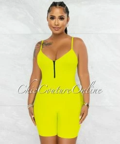 Vendor-unknown Jerram Lime Green Ribbed Front Zipper Romper JUST IN