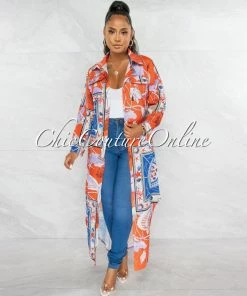 Chic Couture Online JUST IN Rochelle Orange Multi-Color Print Buttoned Shirt Maxi Duster Dress