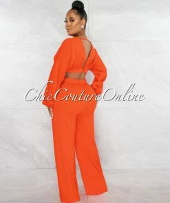 Chic Couture Online JUST IN Paola Red Long Sleeves Crop Top & Wide Pants Set