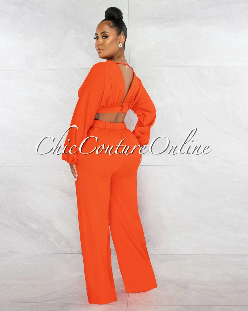 Chic Couture Online JUST IN Paola Red Long Sleeves Crop Top & Wide Pants Set