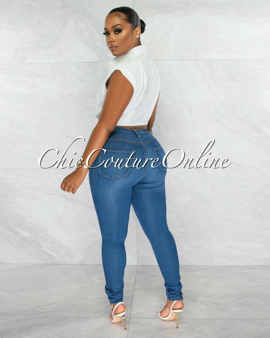 Chic Couture Online Velina Off-White Padded Shoulders Buttoned Top