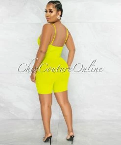 Vendor-unknown Jerram Lime Green Ribbed Front Zipper Romper JUST IN