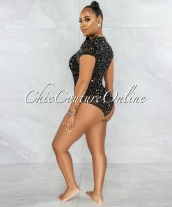 Vendor-unknown Kerta Black Nude Stars Print Sheer Mesh Bodysuit JUST IN