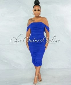 Chic Couture Online Becca Royal Blue Mesh Overlay Ruched Off-The Shoulder Dress