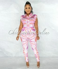 Chic Couture Online Jaden Lilac Orange Print Silky Blouse & Leggings Set JUST IN