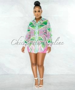 Chic Couture Online Faste Green Pink Print Buttoned Long Sleeves Shirt