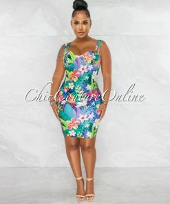 Chic Couture Online Florida Multi-Color Floral Print Gold Accent Bandage Dress JUST IN
