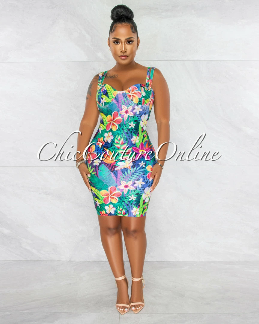 Chic Couture Online Florida Multi-Color Floral Print Gold Accent Bandage Dress JUST IN