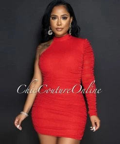 Vendor-unknown Baird Red Silver Shimmer Mesh Ruched Dress